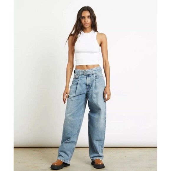 Agolde Belted Baggy Pleat Front Jeans in Outlander Organic Cotton Made USA Sz 25 - Picture 1 of 12